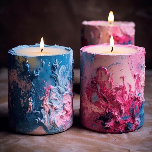 Dos velas, una de ellas pintada con pintura rosa y azul.