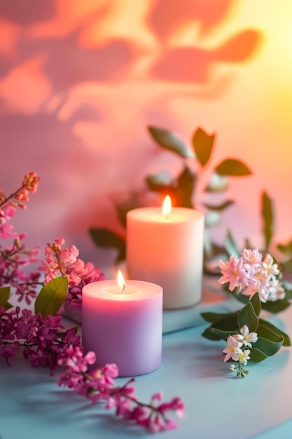 Dos velas están encendidas en una mesa con flores en el fondo