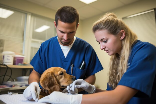 Dos veterinarios en la clínica tratando a un perro