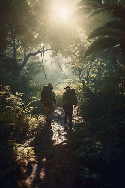 Dos viajeros irreconocibles con mochila en la selva verde