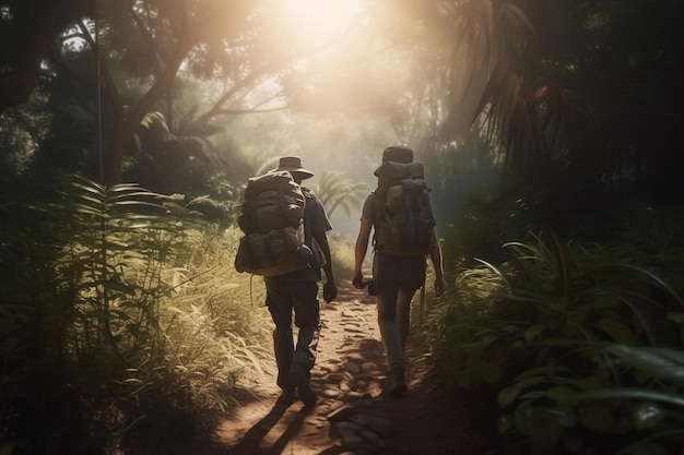Dos viajeros irreconocibles con mochila en la selva verde
