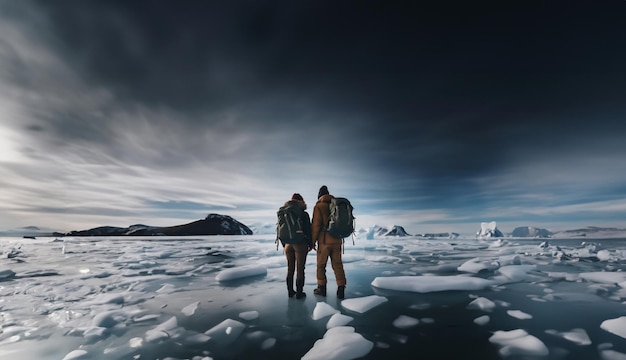 dos viajeros con mochilas y ropa de invierno en una capa de hielo en un glaciar en invierno Una pareja viaja a la Antártida