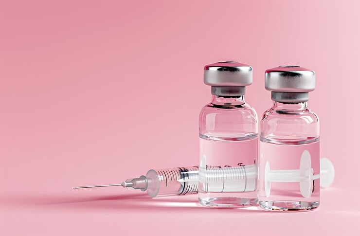 Dos viales médicos y una jeringa sobre un fondo rosado