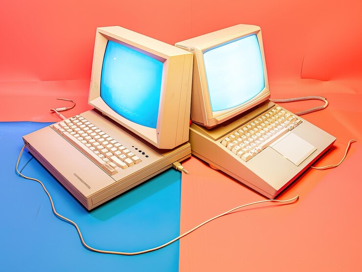 Foto dos viejas computadoras están en una mesa.