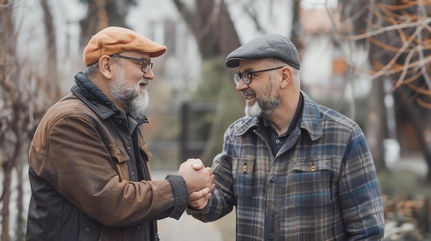 Dos viejos amigos se encuentran en el parque, ambos sonriendo y estrechando manos, ambos llevan ropa casual y tienen barba.