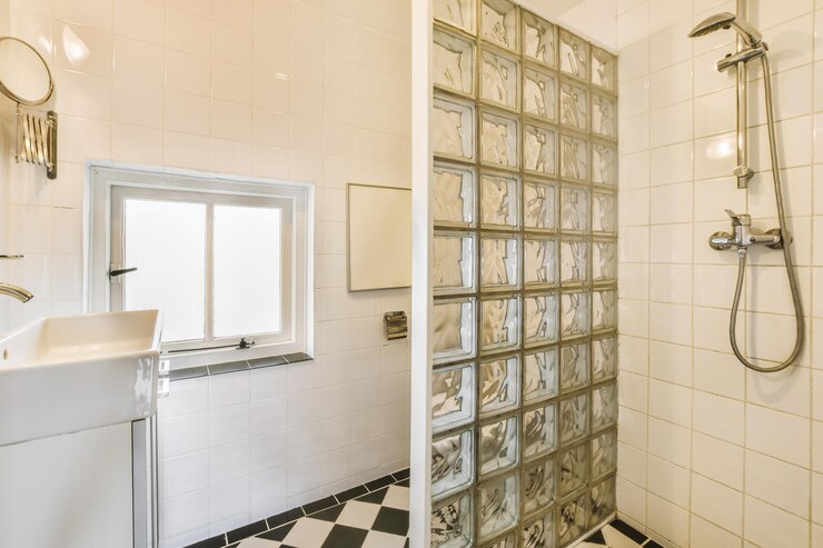 Dos vistas de un baño con ducha y lavabo.
