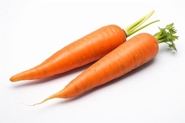 dos zanahorias con un tallo verde sobre una superficie blanca