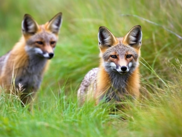 Dos zorros están parados en un campo de hierba y uno tiene la nariz roja.