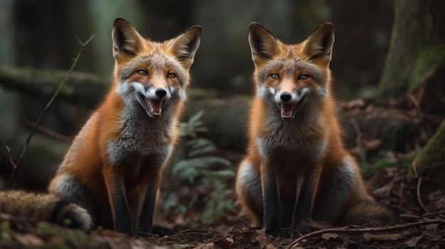 Dos zorros sentados en un bosque con los ojos abiertos y la palabra zorro abajo a la derecha.