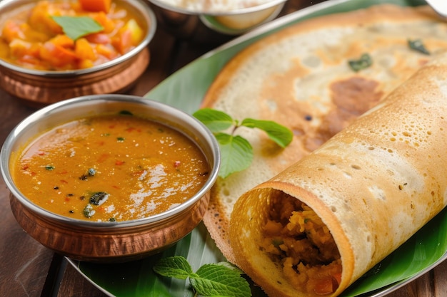 Dosa indio con chutney de coco y sambar