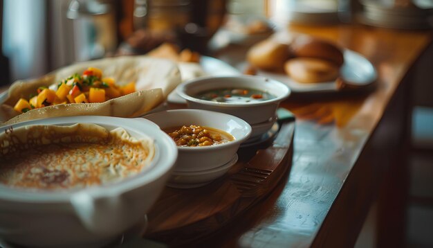 Dosa sambar y chutney en una mesa India Kerala mañana de cerca