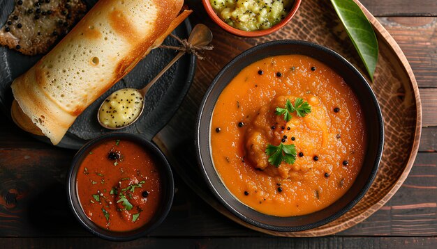 Dosa sambar e chutney em uma mesa índia kerala manhã close up