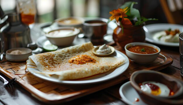 Dosa sambar e chutney em uma mesa índia kerala manhã close up