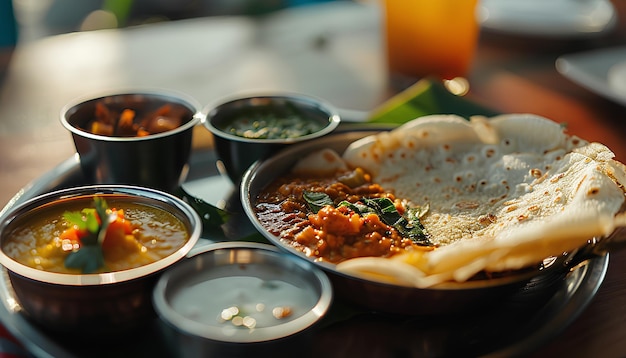 Foto dosa sambar e chutney em uma mesa índia kerala manhã close up