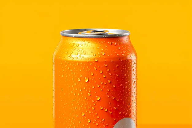 Dose frischer Soda mit Wassertropfen auf orangefarbenem Hintergrund in Nahaufnahme Generative KI