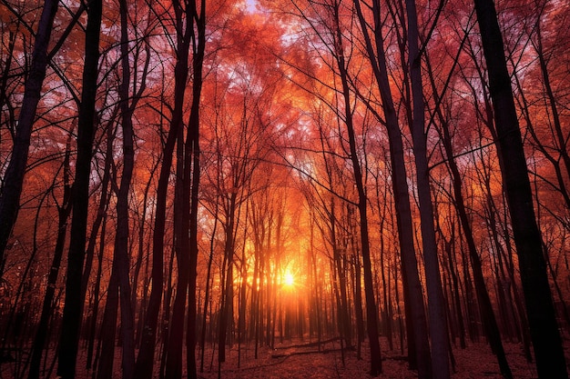 El dosel del bosque brilla con los cálidos colores del atardecer