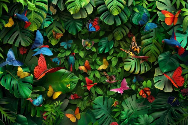 Foto el dosel de la selva y las criaturas voladoras el dosel exuberante de la selva tropical lleno de aves exóticas mariposas