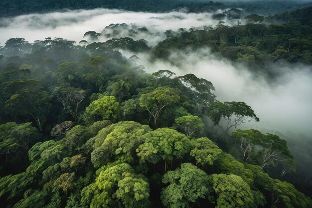 El dosel de la selva tropical con niebla