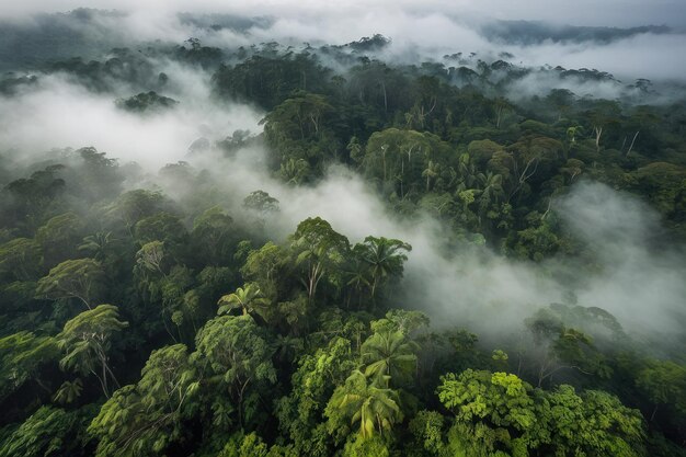 El dosel de la selva tropical con niebla