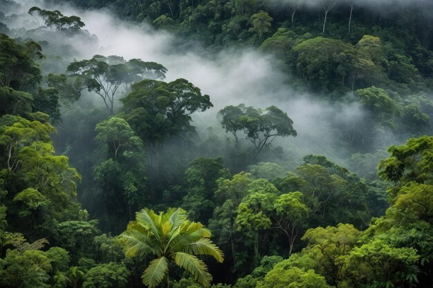 El dosel de la selva tropical con niebla