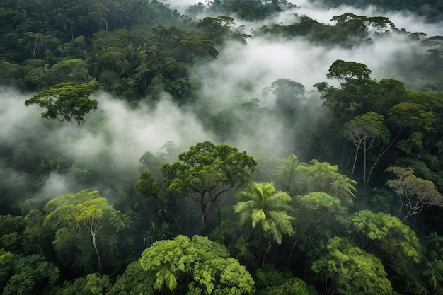 El dosel de la selva tropical con niebla