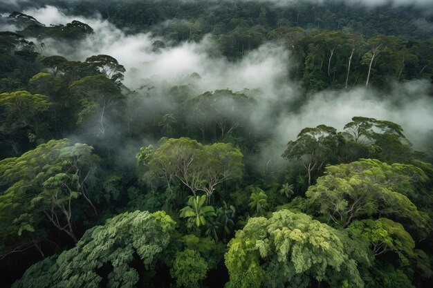 El dosel de la selva tropical con niebla