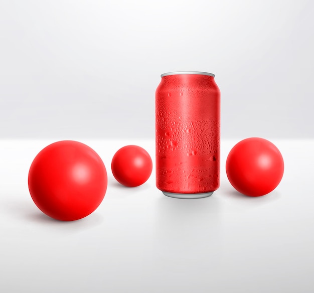 Dosen mit Wassertropfen und rote Kugel mit Schatten 3D-Render