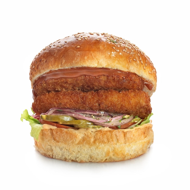 Double Crispy Chicken Burger auf weißem Hintergrund