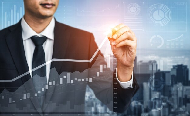 Double Exposure Image von Business and Finance - Geschäftsmann mit Berichtsdiagramm für das finanzielle Gewinnwachstum von Aktienmarktinvestitionen