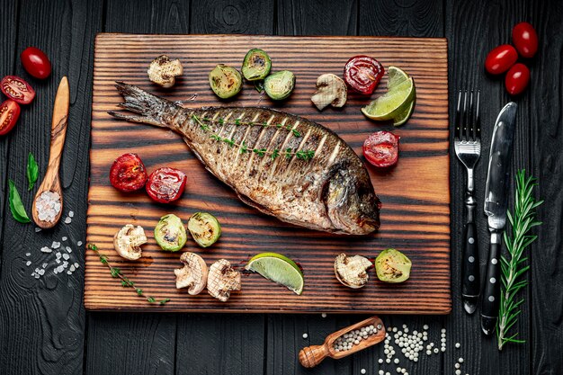 Dourada grelhada com adição de ervas aromáticas e limão na grelha