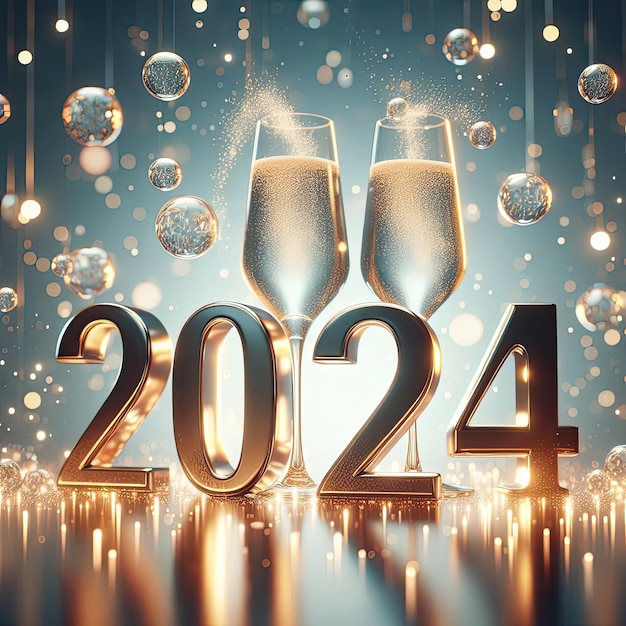 Foto dourado 2024 com duas taças de champanhe bolhas e brilhos em uma superfície reflexiva de fundo azul