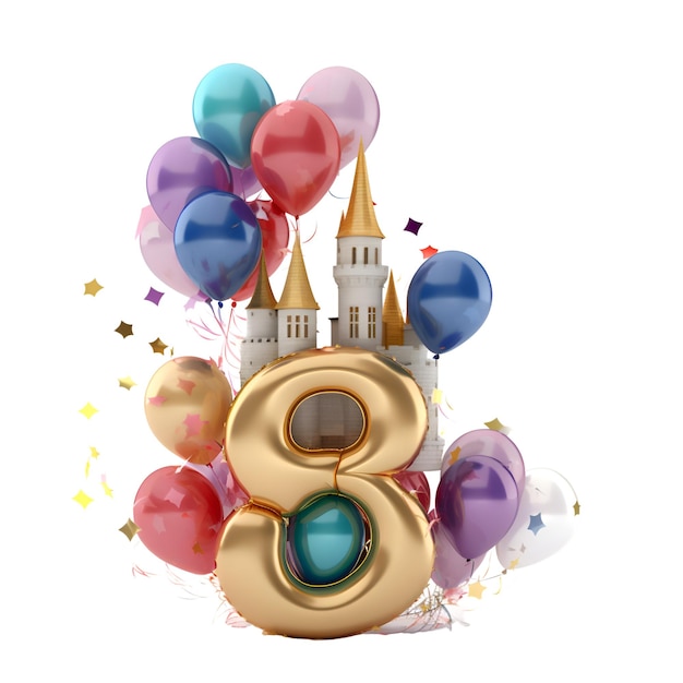 Dourado número oitenta e oito com balões coloridos e confetes isolados em fundo branco