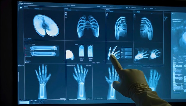 Doutor apontando um dedo para uma tela de computador Examinando raios-X digitais em ambiente de alta tecnologia