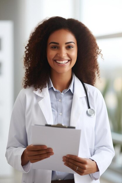 Foto doutor, boas notícias e paciente médico no hospital. uma mulher negra saudável recebeu os resultados do exame depois de...