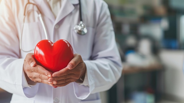 Foto doutor com coração vermelho no escritório do hospital