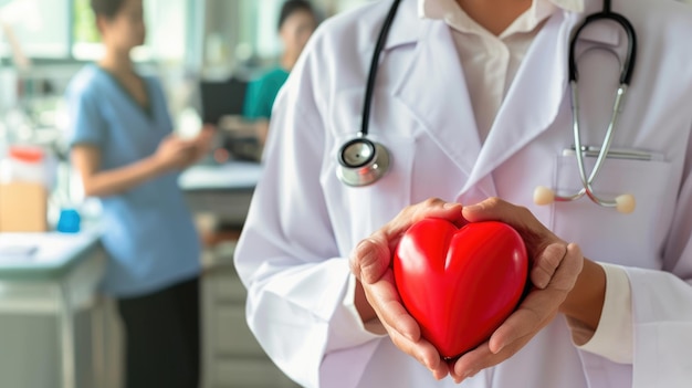 Foto doutor com coração vermelho no escritório do hospital