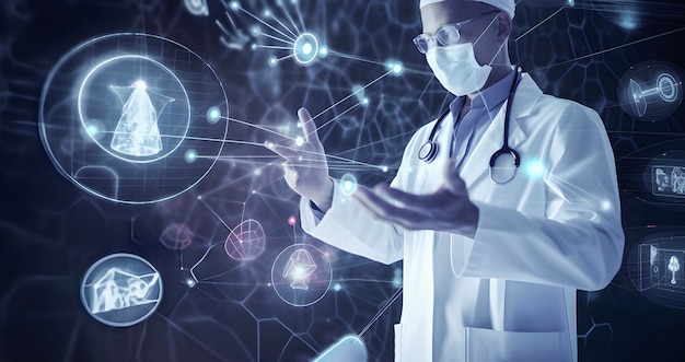 Doutor com estetoscópio e ícone Ui médico com robótica médica avançada são precisão em interface virtual Futuro da saúde Ciência e Tecnologia Médica AI gerada