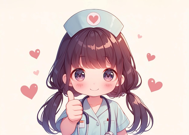 Doutor de anime com roupas médicas com o polegar para cima em fundo branco