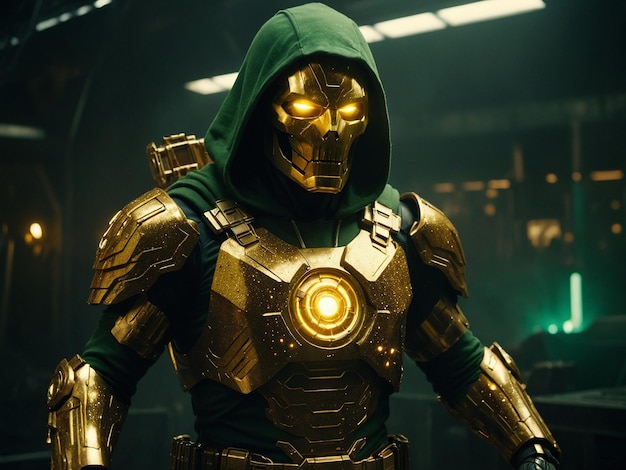 Doutor Doom dourado da Marvel Avengers com armadura motorizada e capuz verde generativo ai