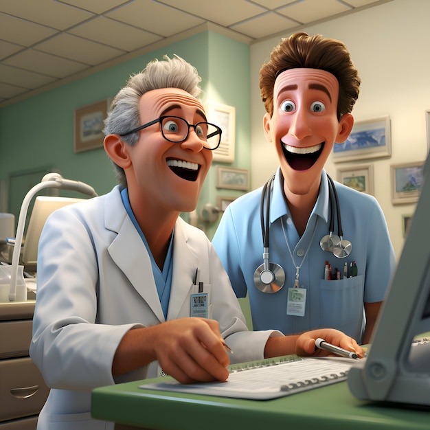 Doutor e paciente felizes em um consultório dentário renderização 3D