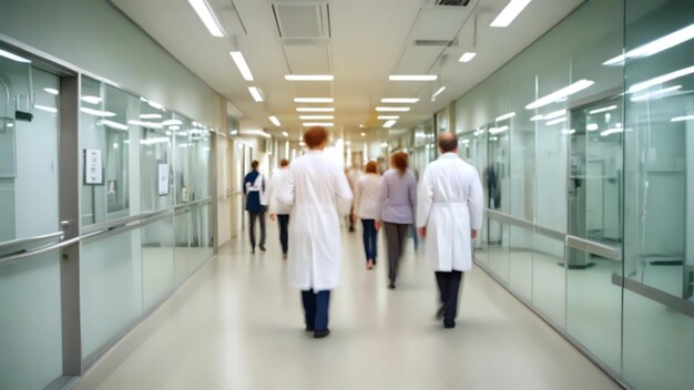 Foto doutor e um paciente no corredor do hospital para o conceito de fundo de cuidados de saúde e tecnologia médica interior efeito de desfocamento de movimento