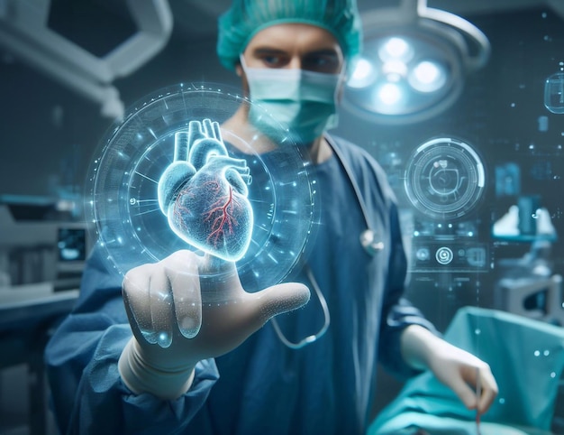 Doutor em sala de cirurgia e sistema cardíaco tecnologia de hologramas gráficos arte generativa ai