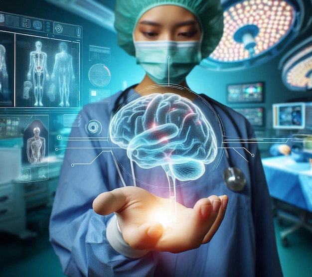 Foto doutor em sala de cirurgia e sistema cerebral tecnologia de hologramas gráficos arte generativa ai