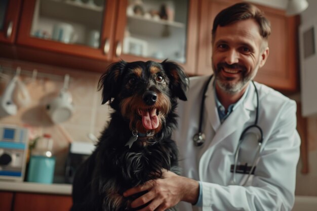 Doutor feliz com cão na clínica veterinária O veterinário examinou um cão na mesa