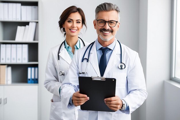 Doutor feliz segurando um caderno