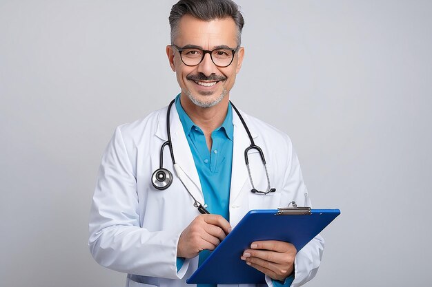 Doutor feliz segurando um caderno