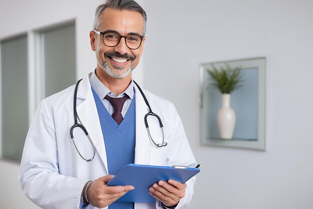 Doutor feliz segurando um caderno