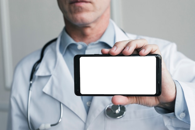 Foto doutor, mostrando, um, telefone móvel