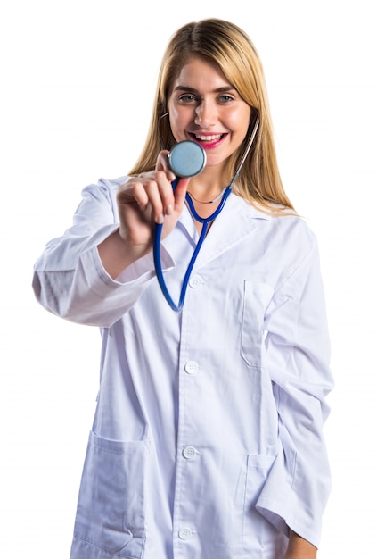 Foto doutor, mulher, com, estetoscópio
