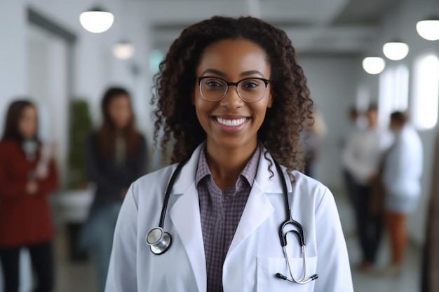 Doutor mulher negra sorridente com estetoscópio com o braço cruzado